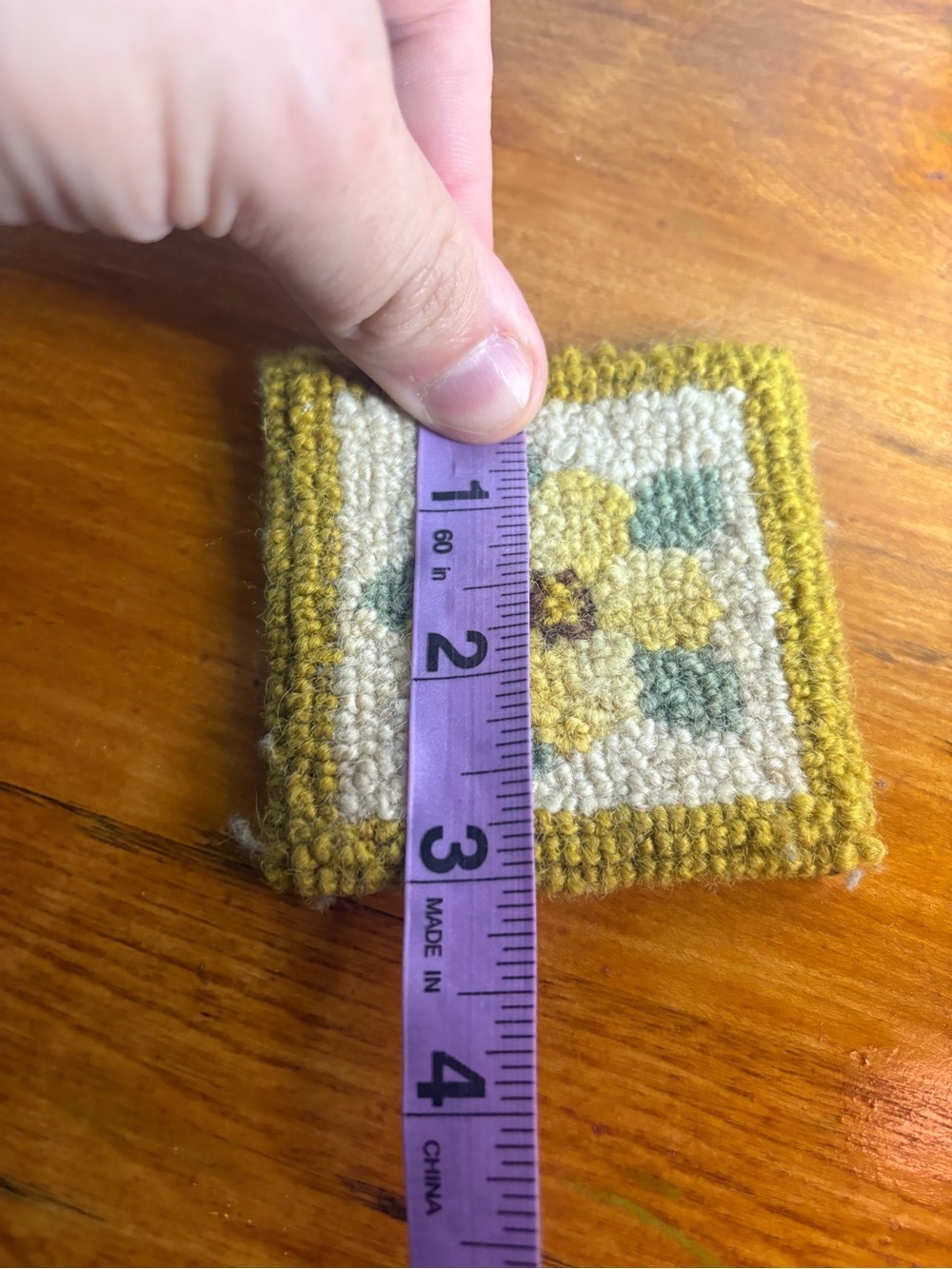Handmade Floral Hooked Rug Square Coaster- Yellow - Picture 5 of 5
